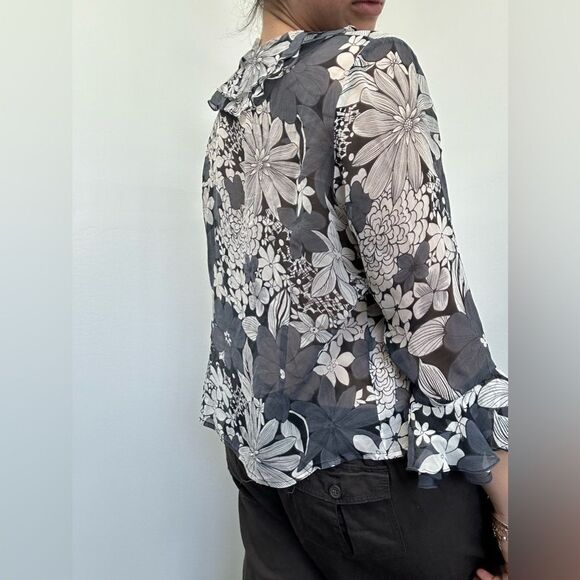 Vintage Y2K 100% Silk Ruffle Boho Floral Shirt Semi Sheer Blouse Size L - Picture 6 of 10